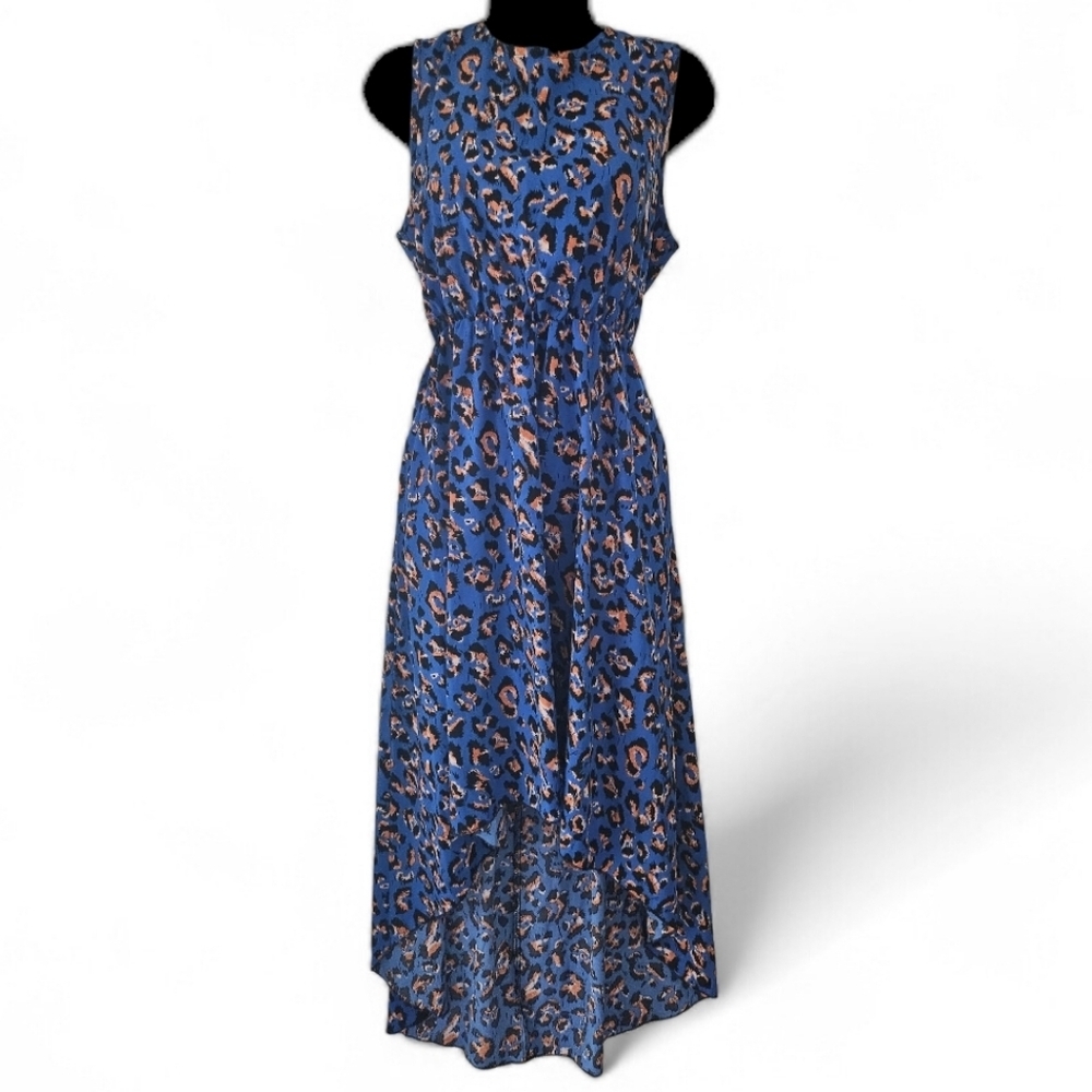 Blue Leopard Spot Sleeveless High-Low Flowy Dress